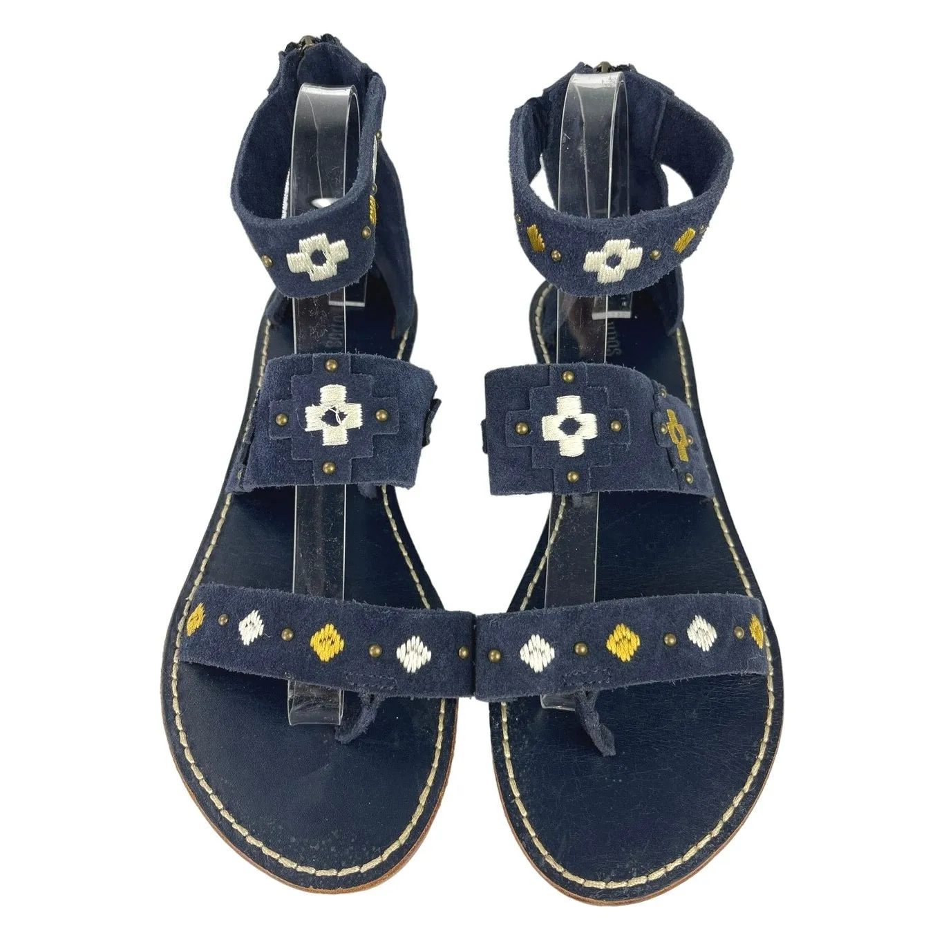 Soludos Navy Blue Suede Embroidered Studded Boho Banded Flat Sandals Size 9