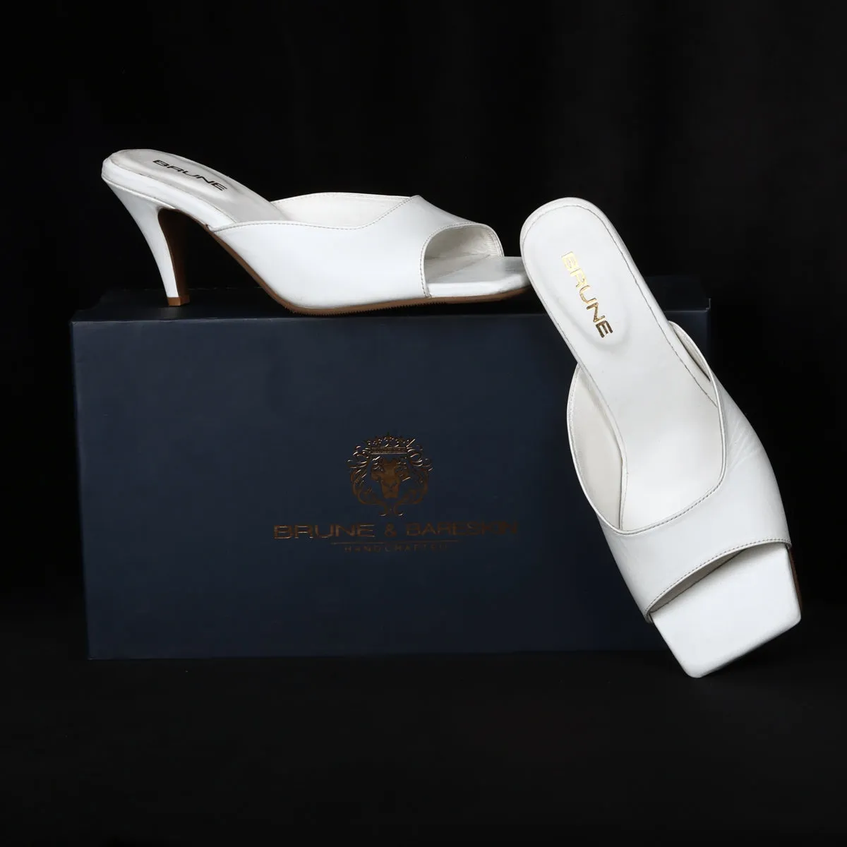 Square Open Toe White Genuine Kitten Heel Leather Ladies Sandal By Brune & Bareskin