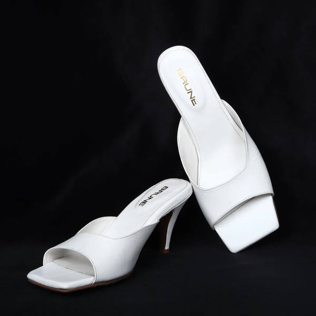 Square Open Toe White Genuine Kitten Heel Leather Ladies Sandal By Brune & Bareskin