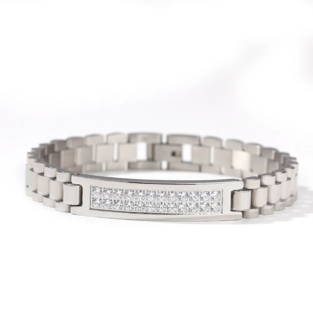 Stainless Steel Minimalist Iced-Out CZ Bar Link Bracelet