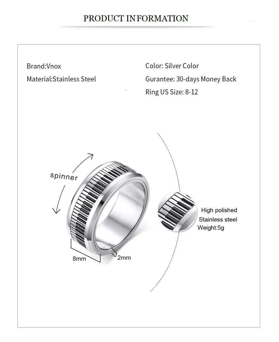 Stainless Steel Piano Keyboard Musical SPINNER Ring