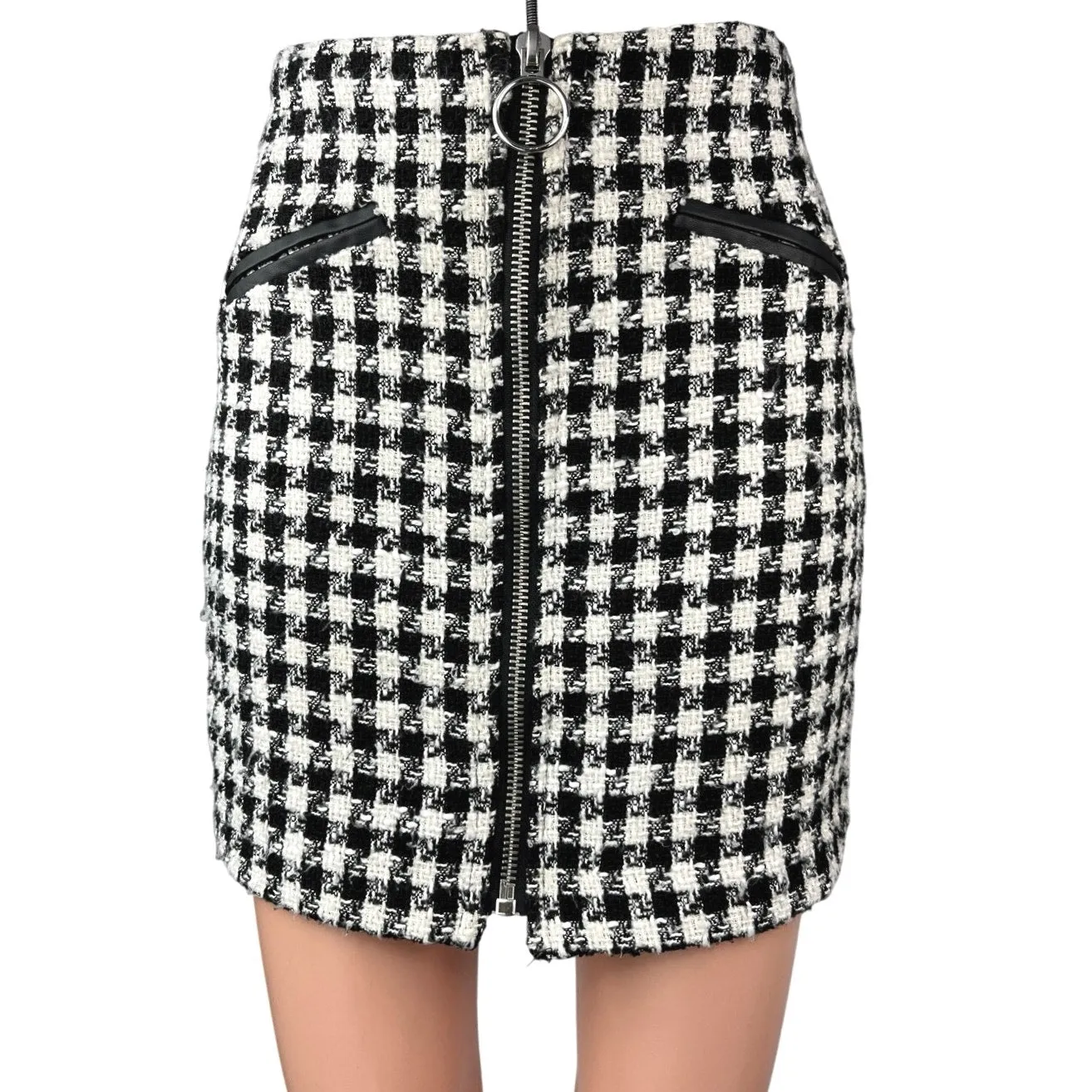 Stradivarius Black White Tweed Plaid Checkered Zip Up Mini Pencil Skirt Size 0