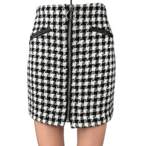 Stradivarius Black White Tweed Plaid Checkered Zip Up Mini Pencil Skirt Size 0