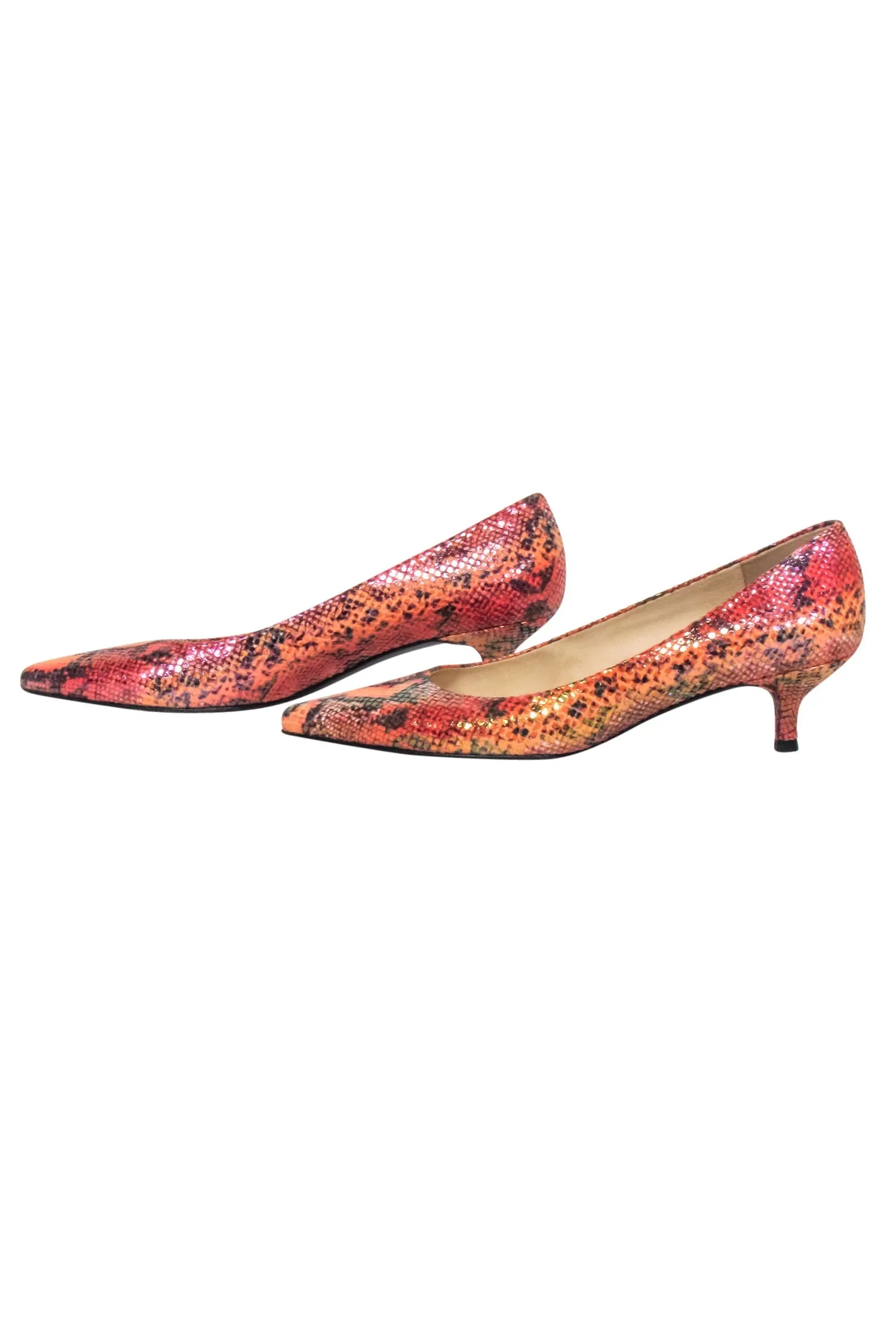 Stuart Weitzman - Orange & Pink Snakeskin Print Kitten Heels Sz 8.5