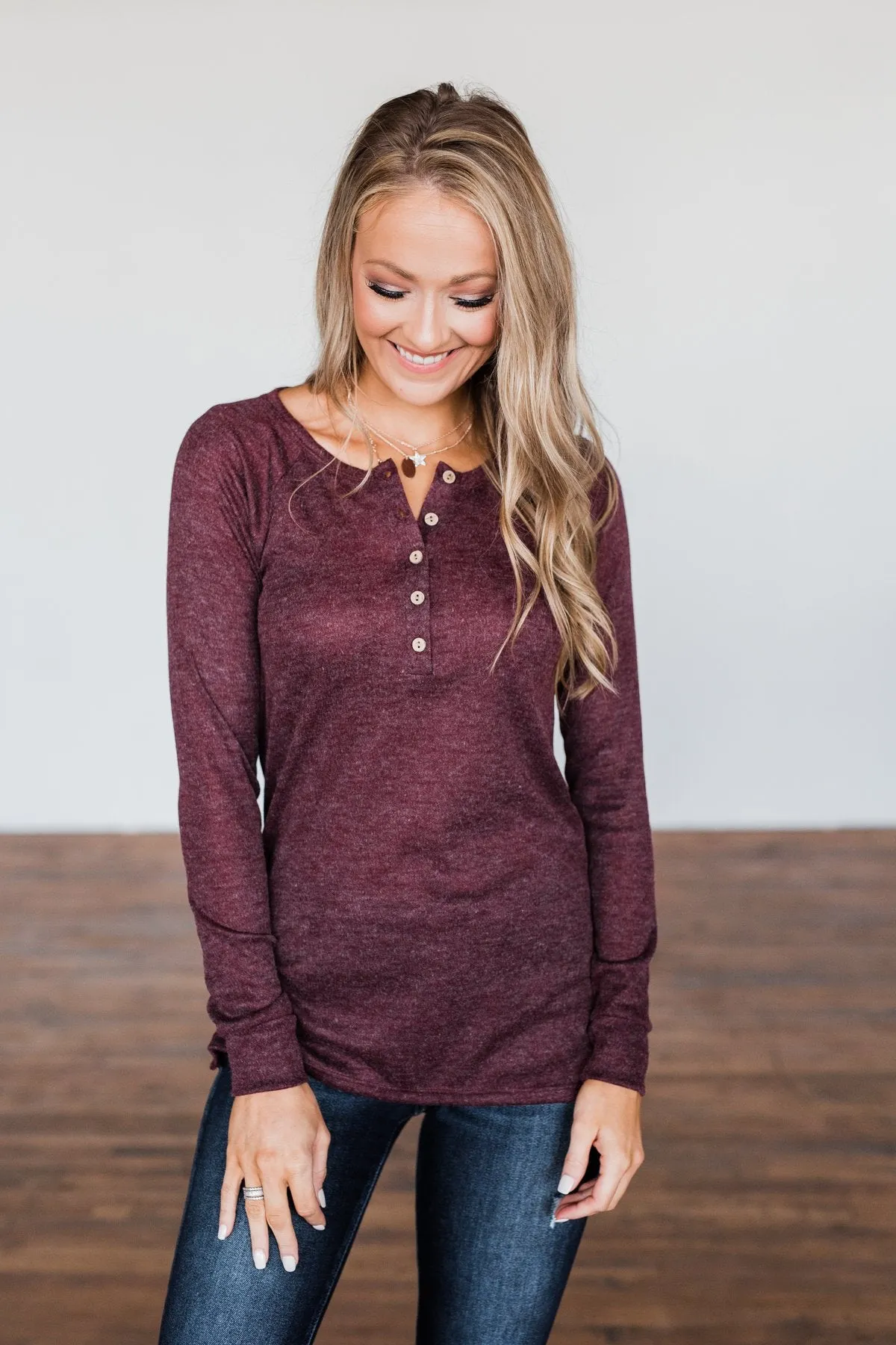 The Time Of My Life Button Henley Top- Burgundy