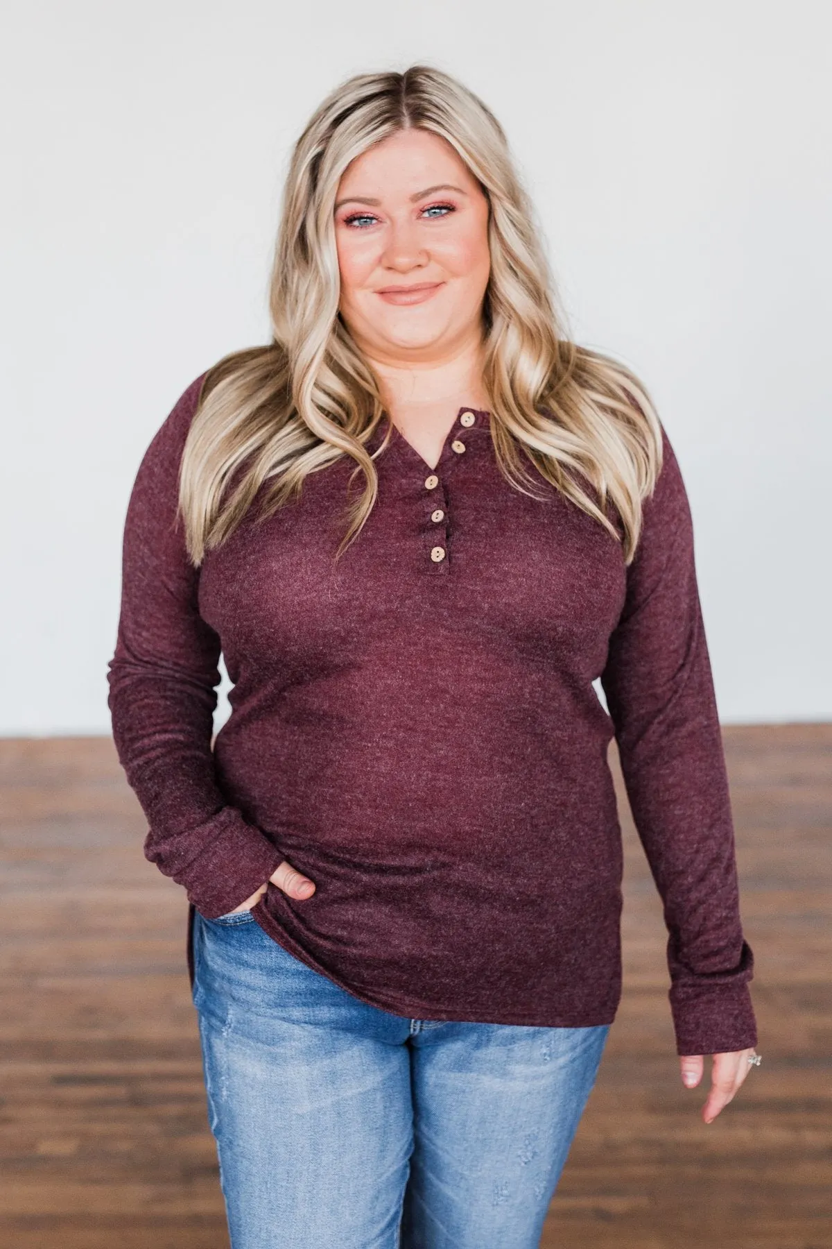 The Time Of My Life Button Henley Top- Burgundy