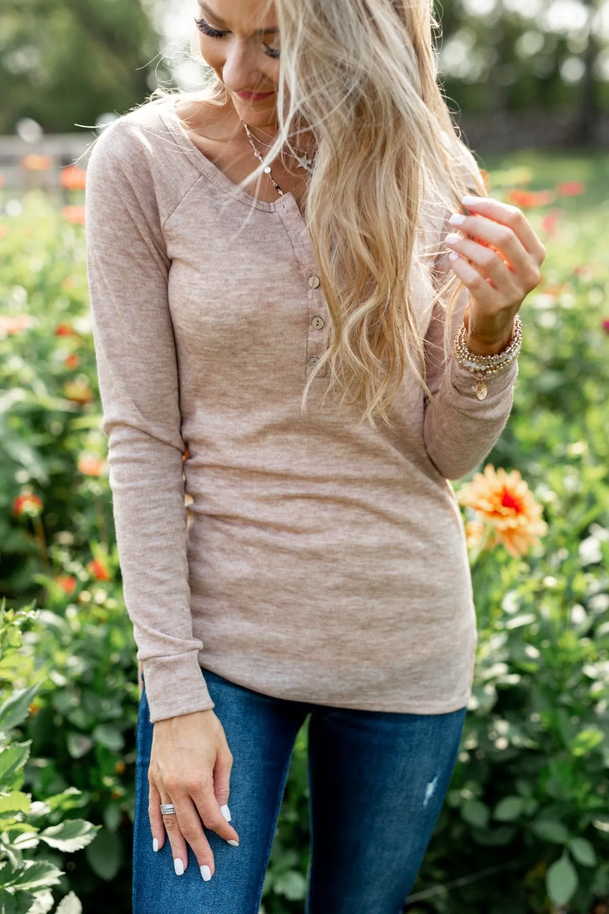 The Time Of My Life Button Henley Top- Oatmeal