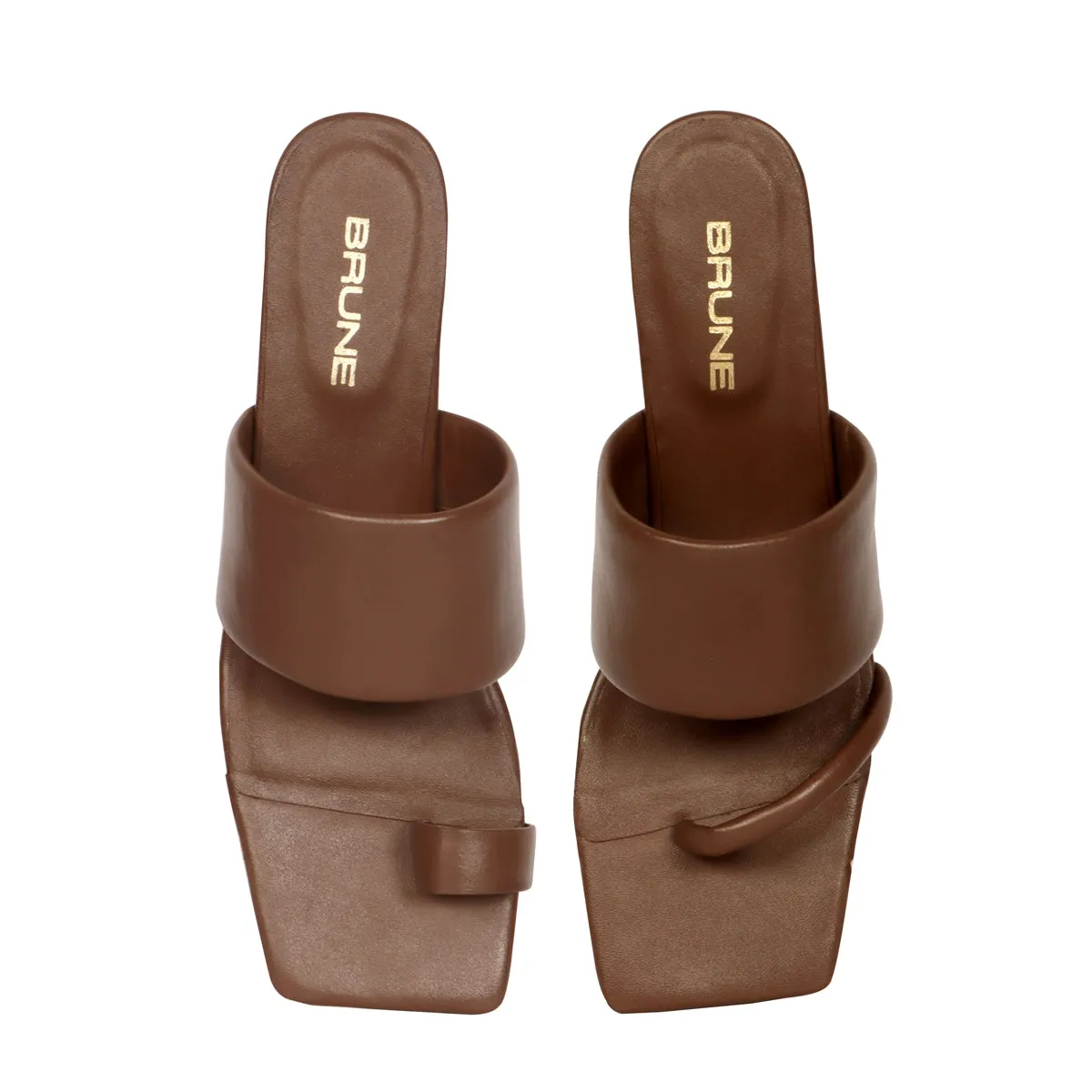 Toe Ring And Open Strap Kitten Heeled Sandals In Brown Leather