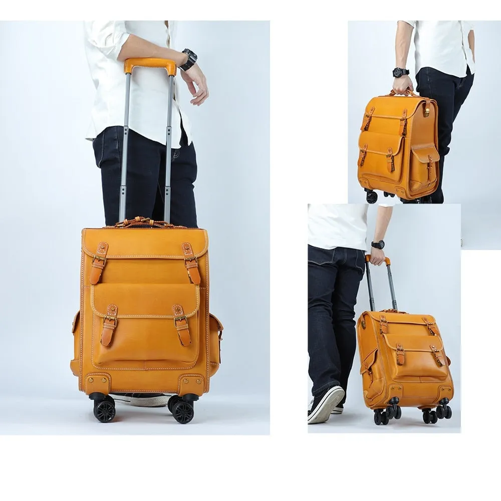 Unisex Genuine Leather Spinner Rolling Luggage Boarding Box Suitcase