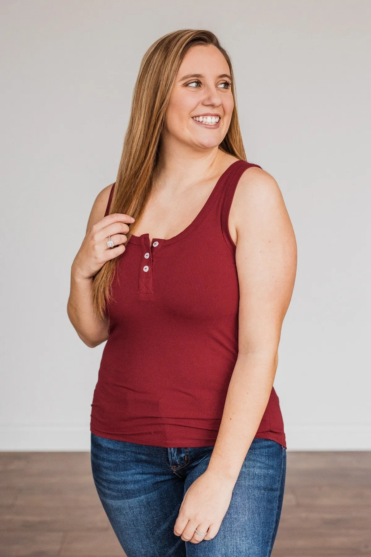 Uplifting Spirits Button Henley Tank Top- Cranberry