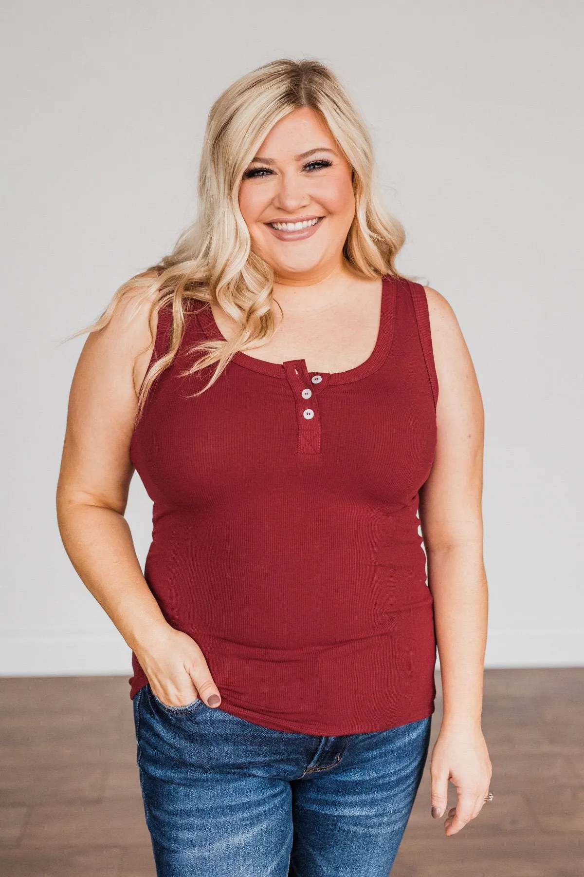 Uplifting Spirits Button Henley Tank Top- Cranberry