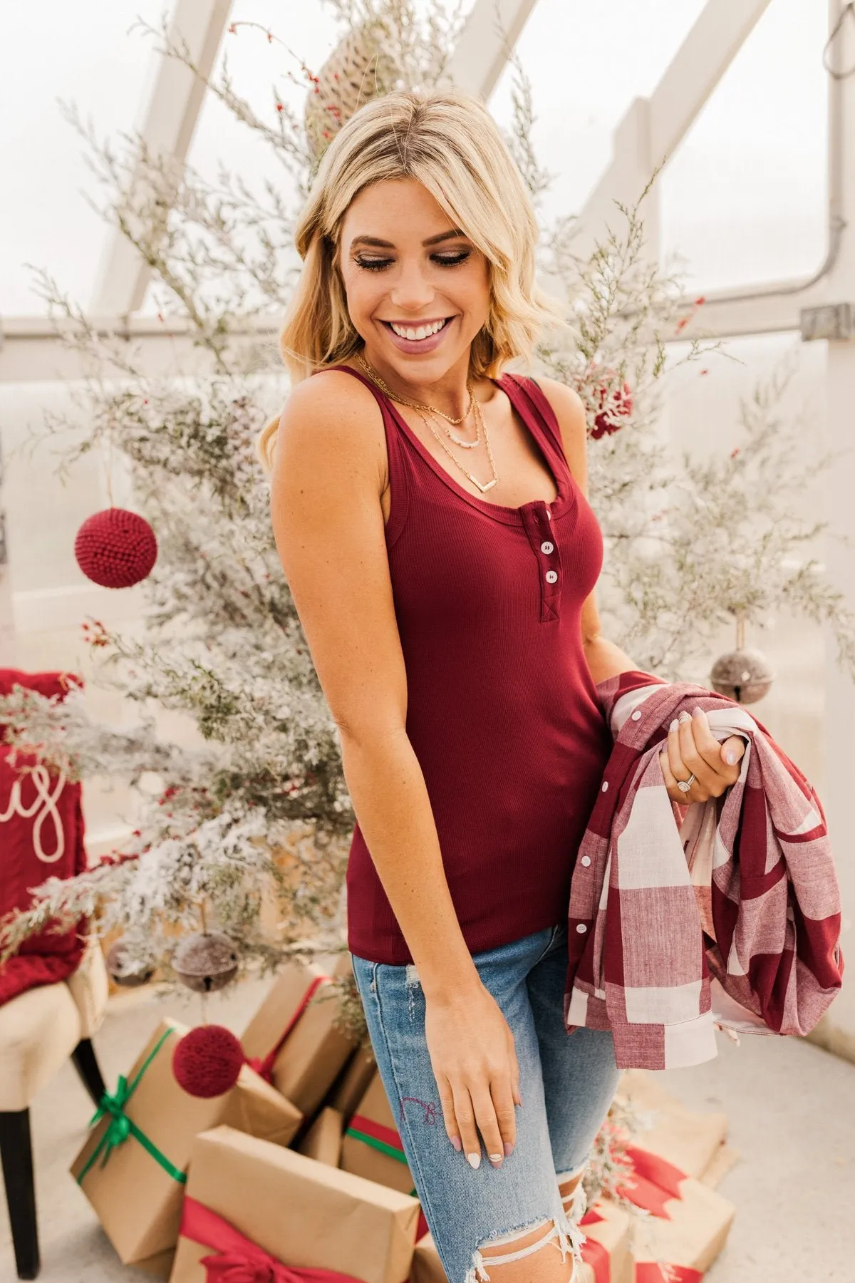 Uplifting Spirits Button Henley Tank Top- Cranberry