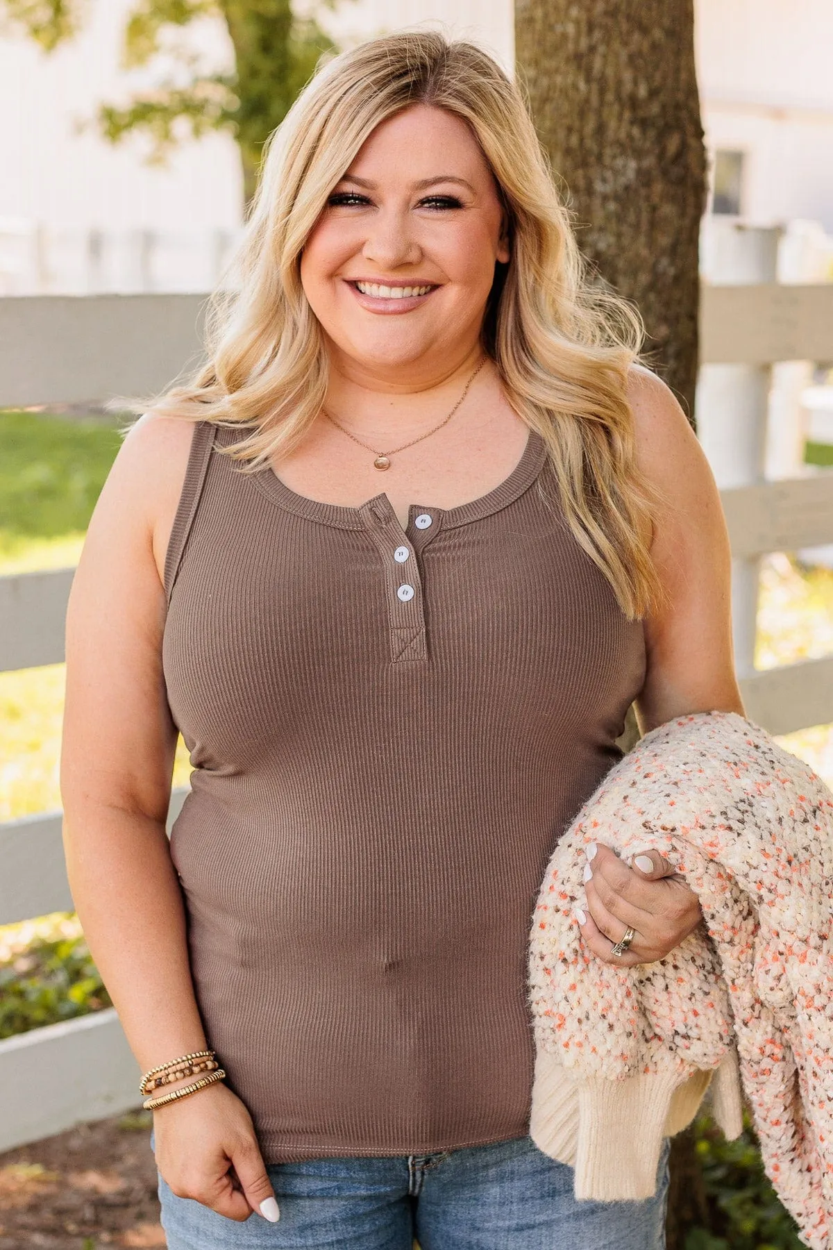 Uplifting Spirits Button Henley Tank Top- Mocha