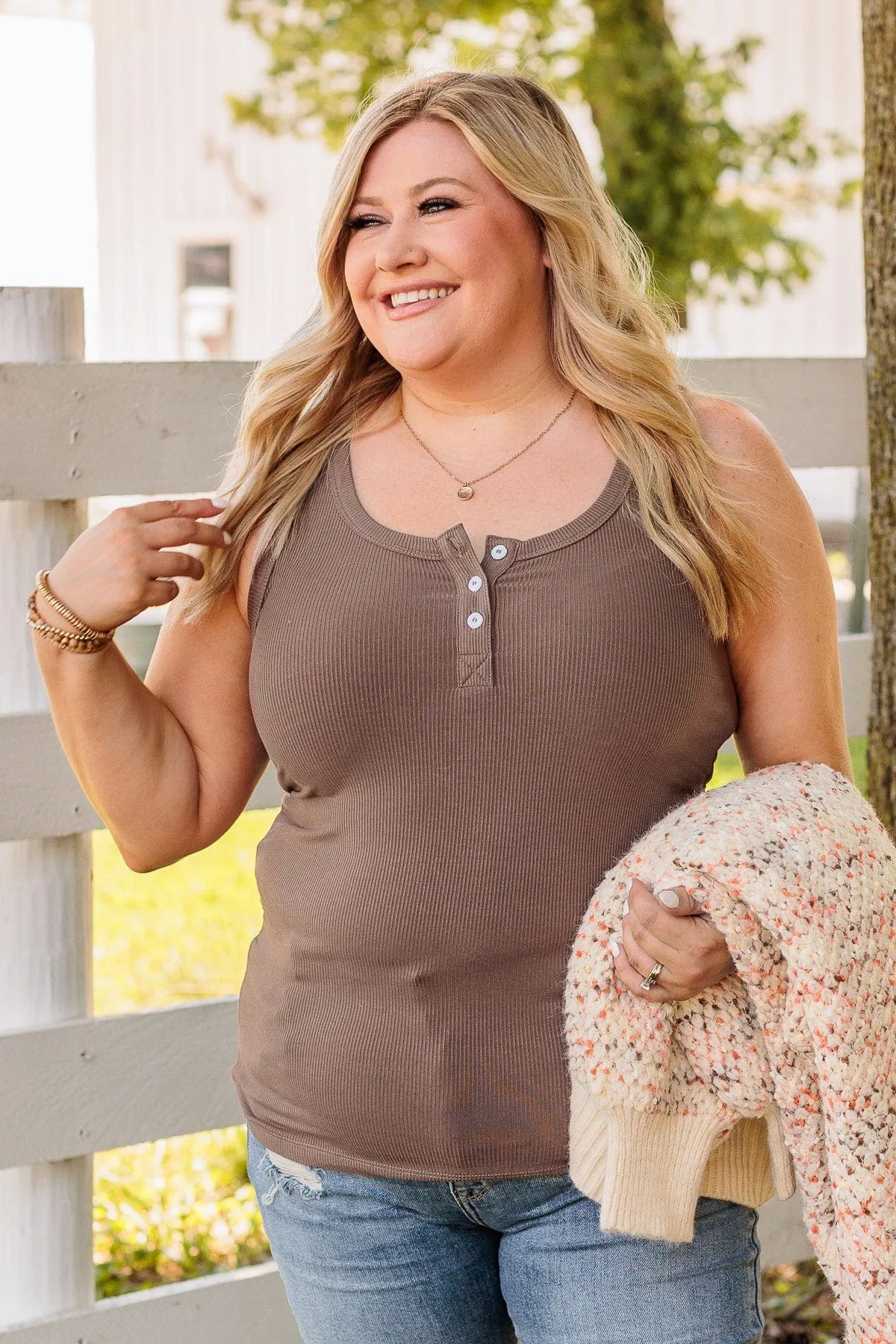 Uplifting Spirits Button Henley Tank Top- Mocha