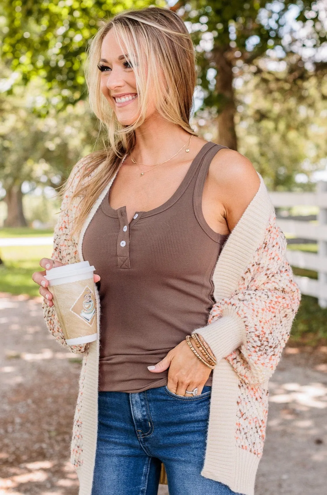 Uplifting Spirits Button Henley Tank Top- Mocha