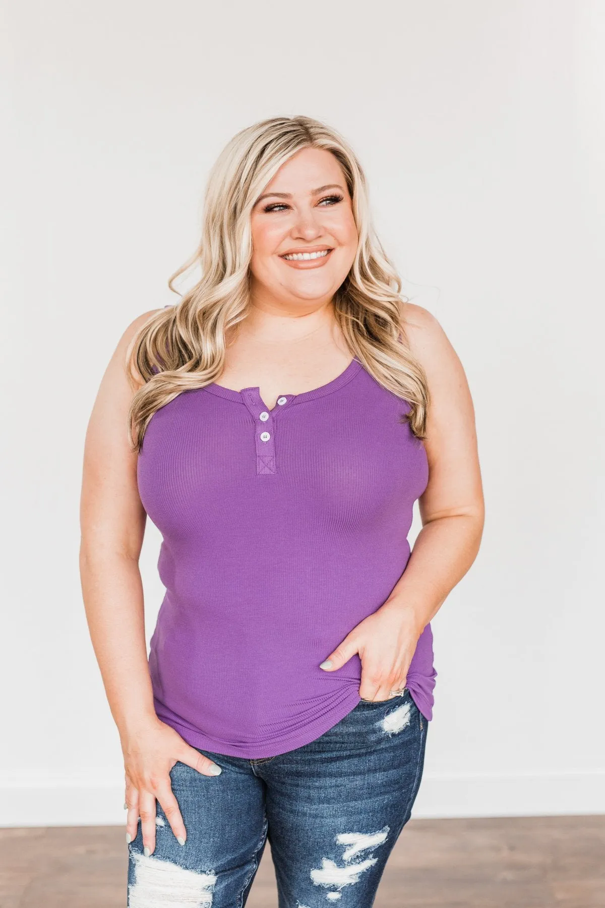 Uplifting Spirits Button Henley Tank Top- Purple