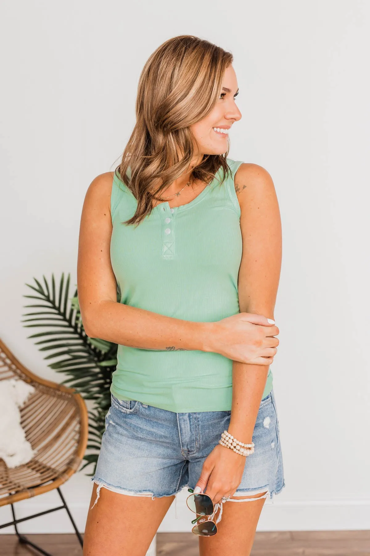 Uplifting Spirits Button Henley Tank Top- Seafoam