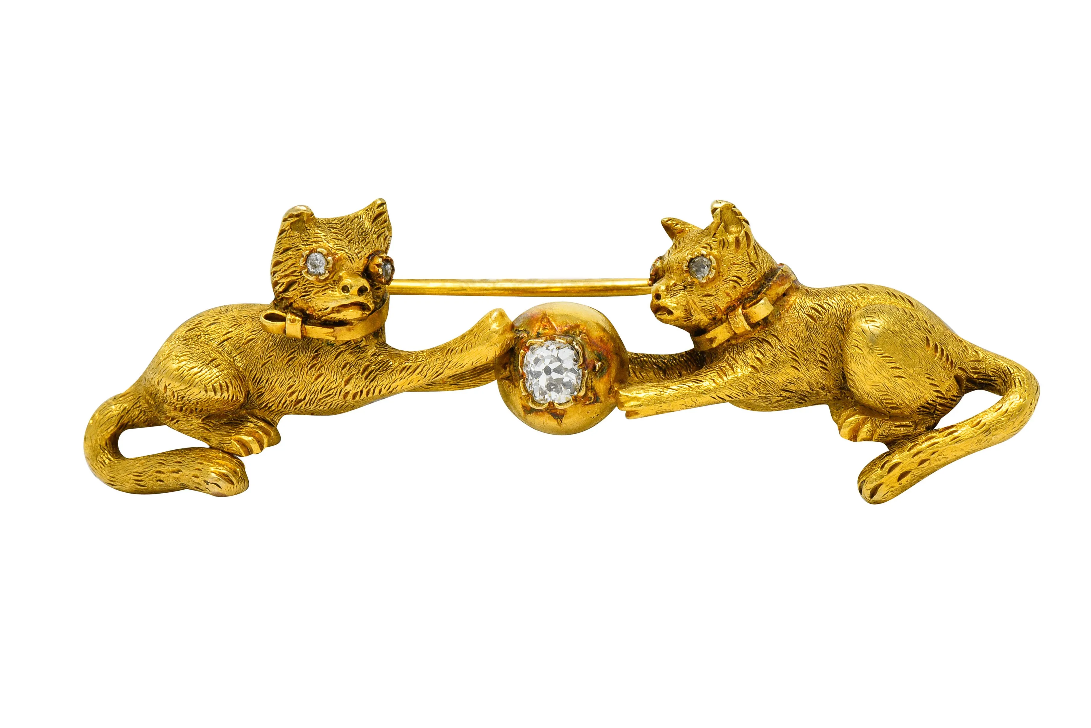 Victorian Diamond 18 Karat Yellow Gold Kitten Cat Bar Brooch