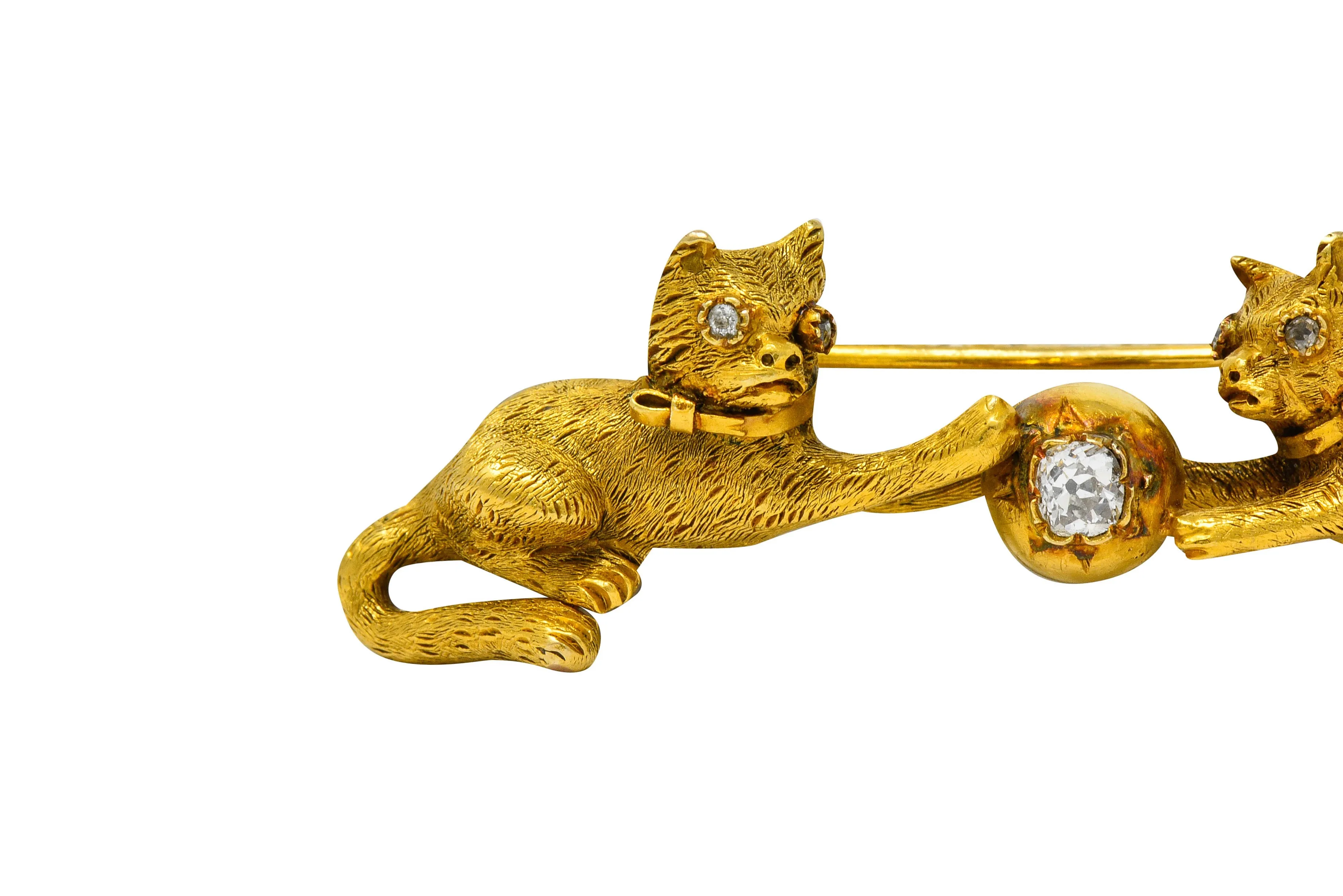 Victorian Diamond 18 Karat Yellow Gold Kitten Cat Bar Brooch