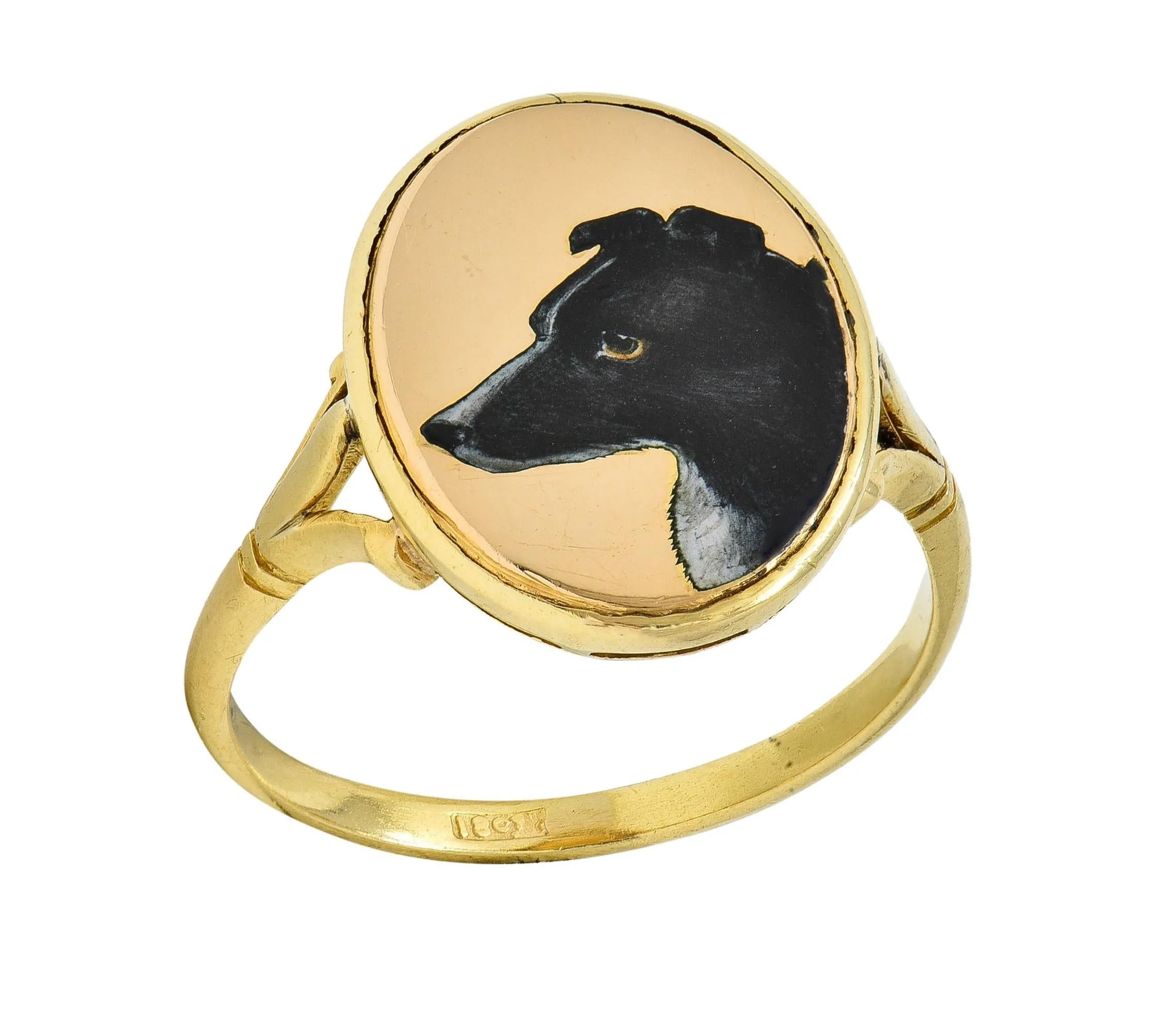 Victorian Enamel 18 Karat Yellow Gold Border Collie Dog Antique Signet Ring