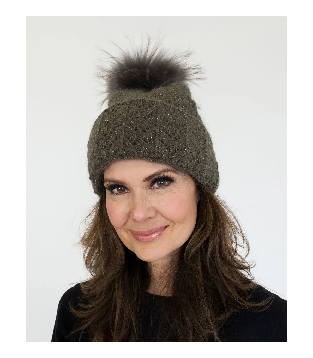 Vida Knit Beanie with Finn Raccoon Fur Pom Pom in Grey at FurHatWorld.com