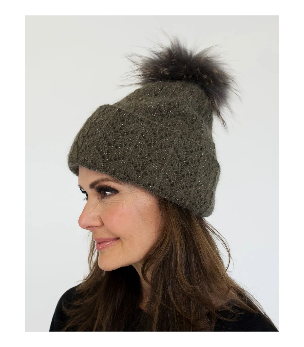 Vida Knit Beanie with Finn Raccoon Fur Pom Pom in Grey at FurHatWorld.com