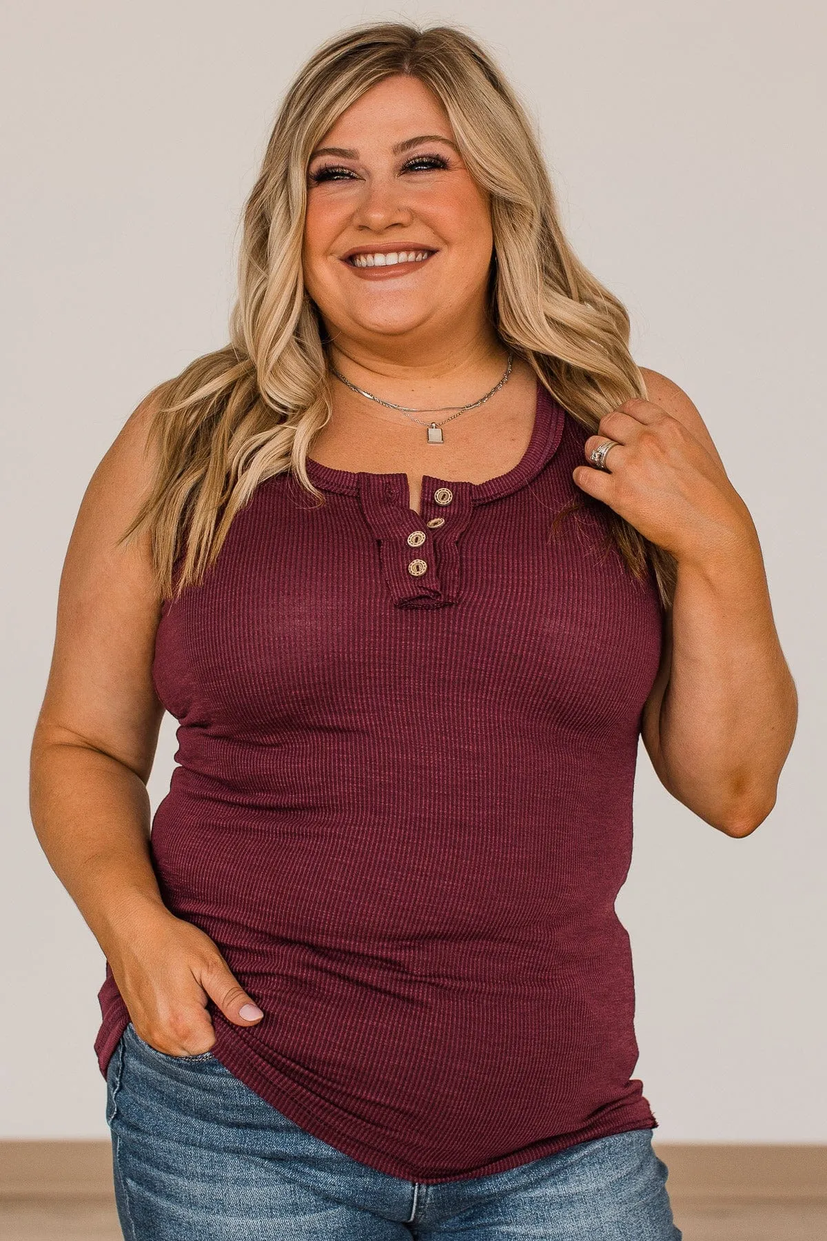 Wishful Thinking Button Henley Tank Top- Burgundy