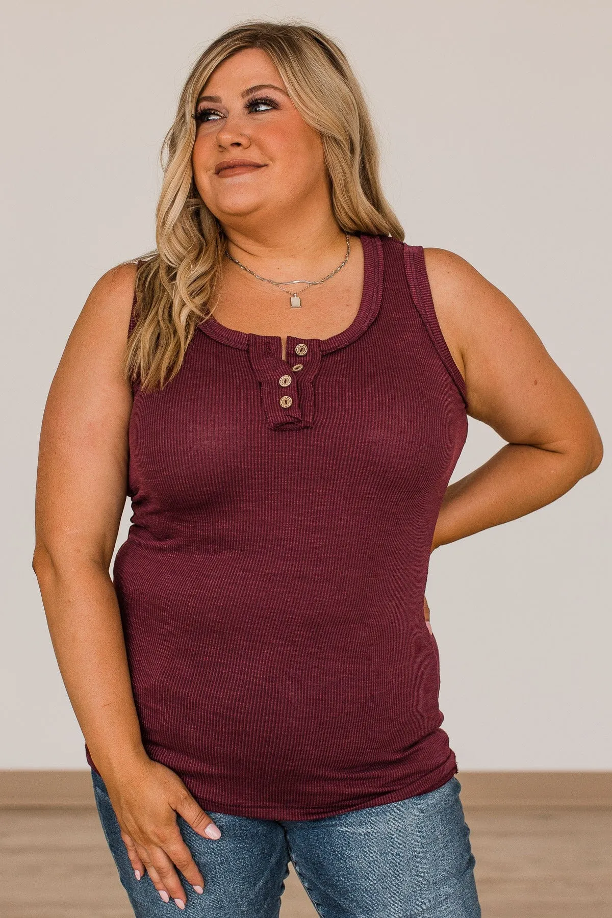 Wishful Thinking Button Henley Tank Top- Burgundy