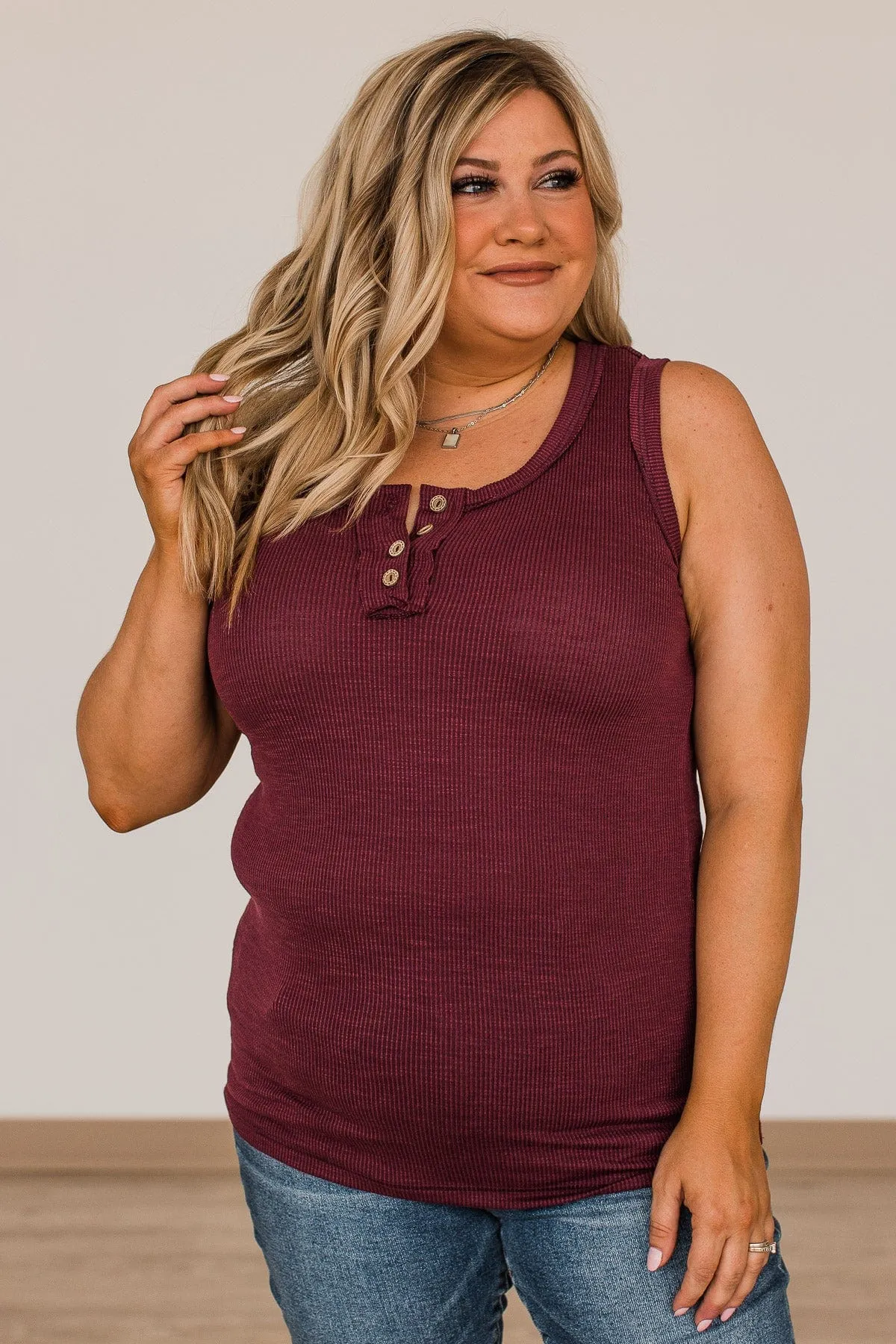 Wishful Thinking Button Henley Tank Top- Burgundy