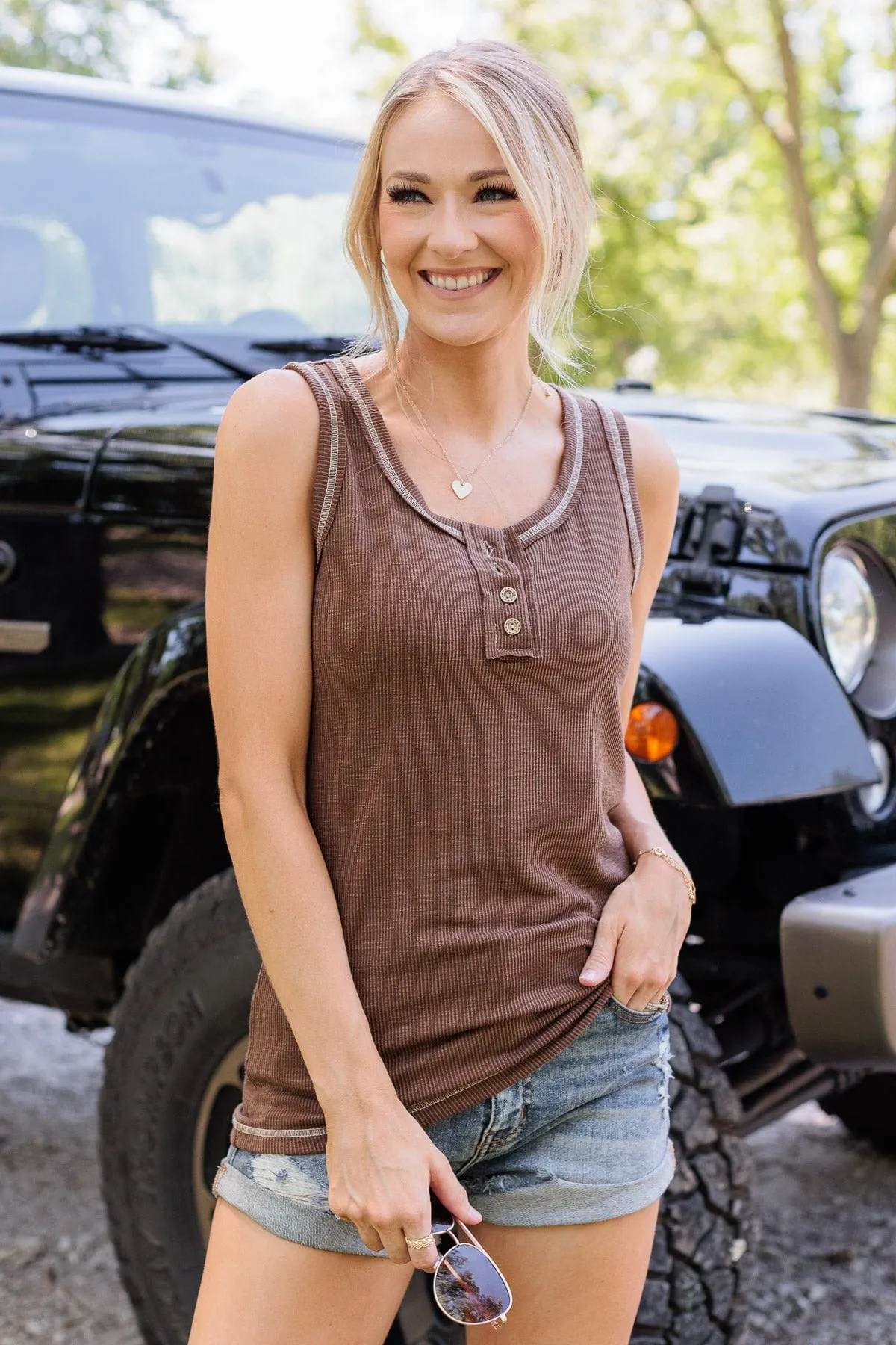 Wishful Thinking Button Henley Tank Top- Dark Mocha