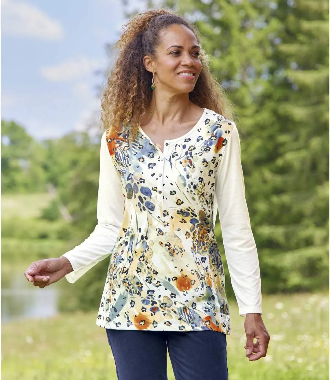 Women's Ecru Henley-Neck Top 