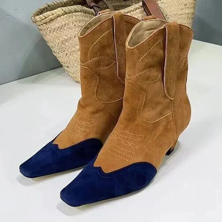 Women's Retro Embroidery Square Toe Western Kitten Heel Boots