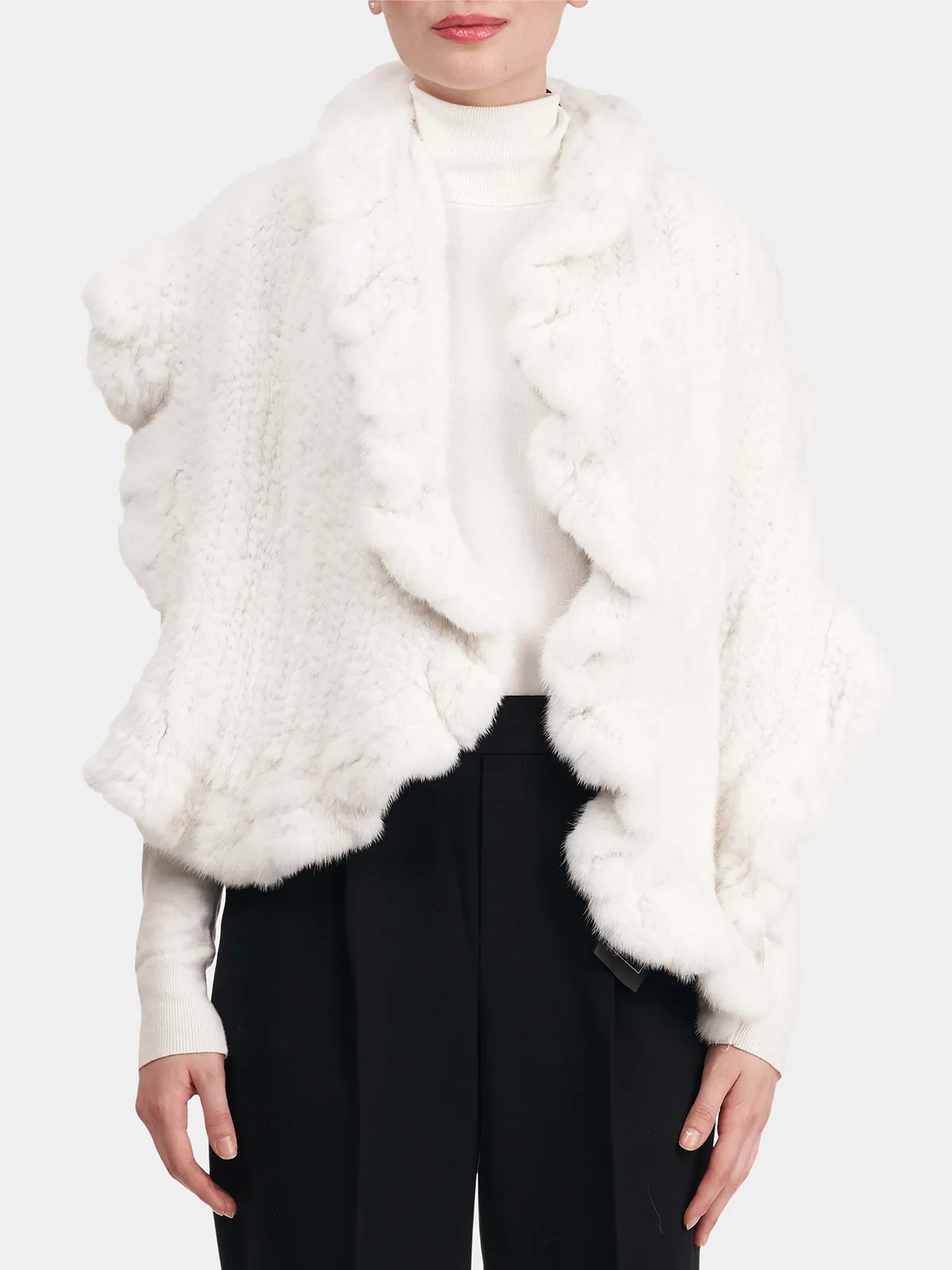 Women's White Knitted Mink Fur Stole with Ruffle Trim - Day Furs