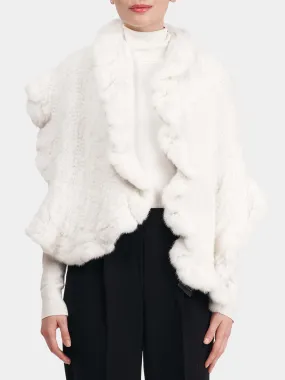 Women's White Knitted Mink Fur Stole with Ruffle Trim - Day Furs