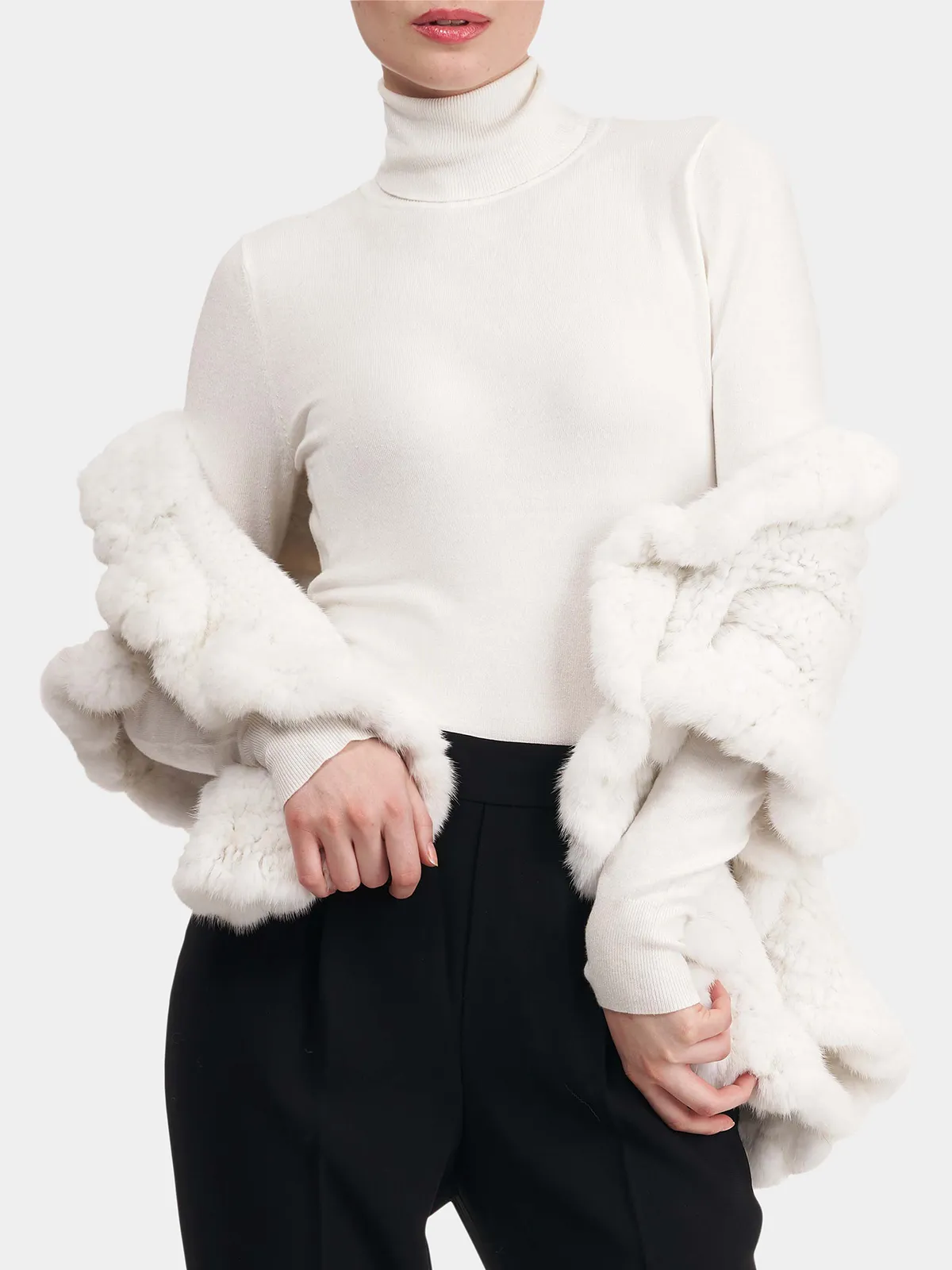 Women's White Knitted Mink Fur Stole with Ruffle Trim - Day Furs