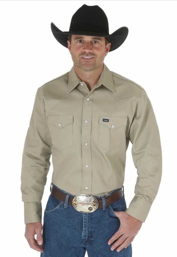 Wrangler Men's Cowboy Cut Long Sleeve Western Snap Shirt in Khaki