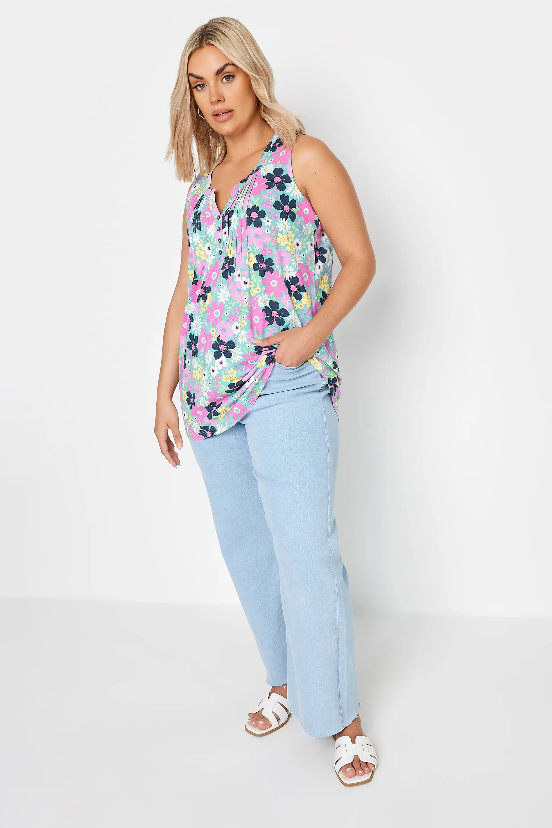 YOURS Curve Blue Floral Print Pintuck Henley Vest Top