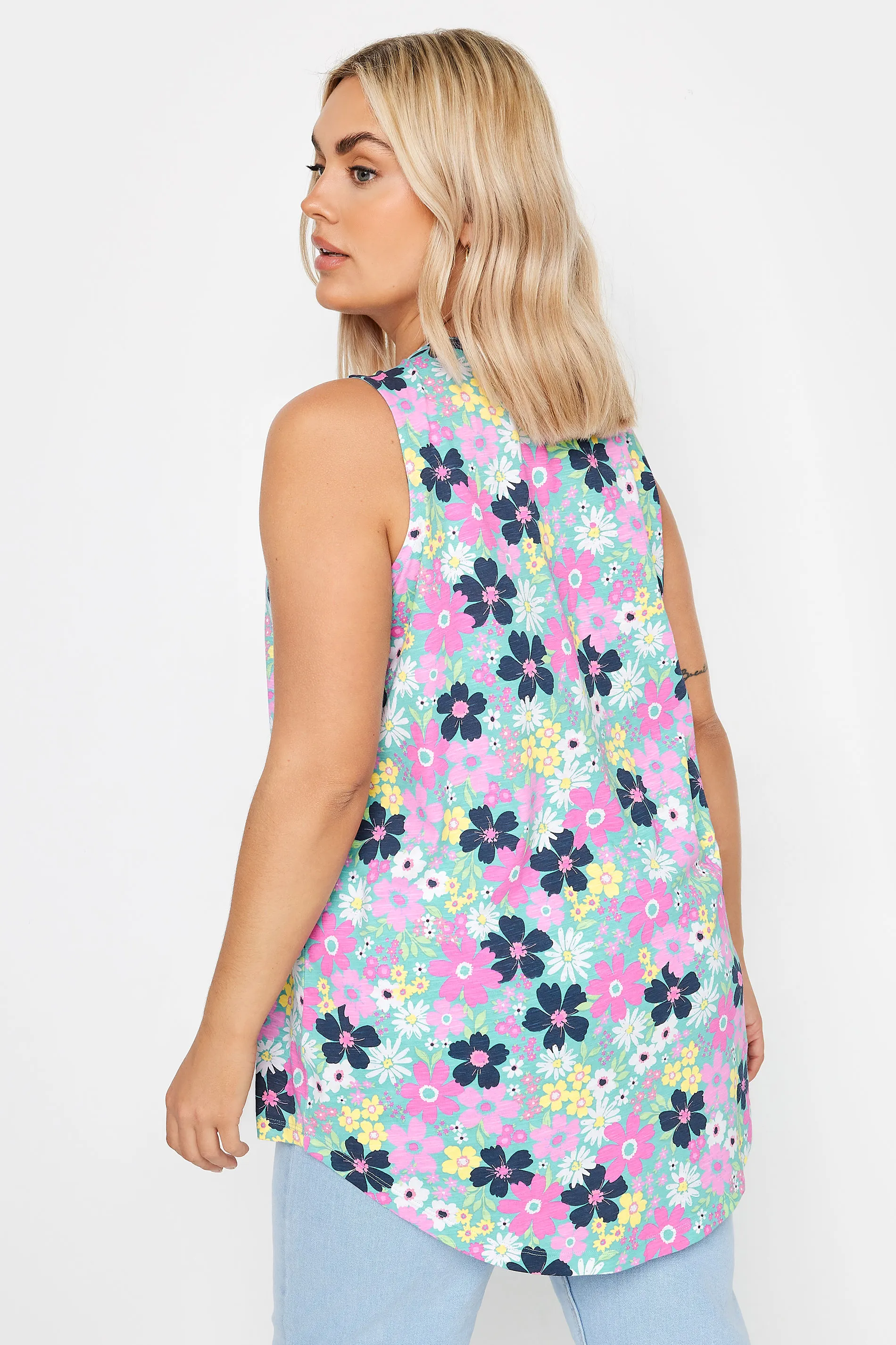 YOURS Curve Blue Floral Print Pintuck Henley Vest Top