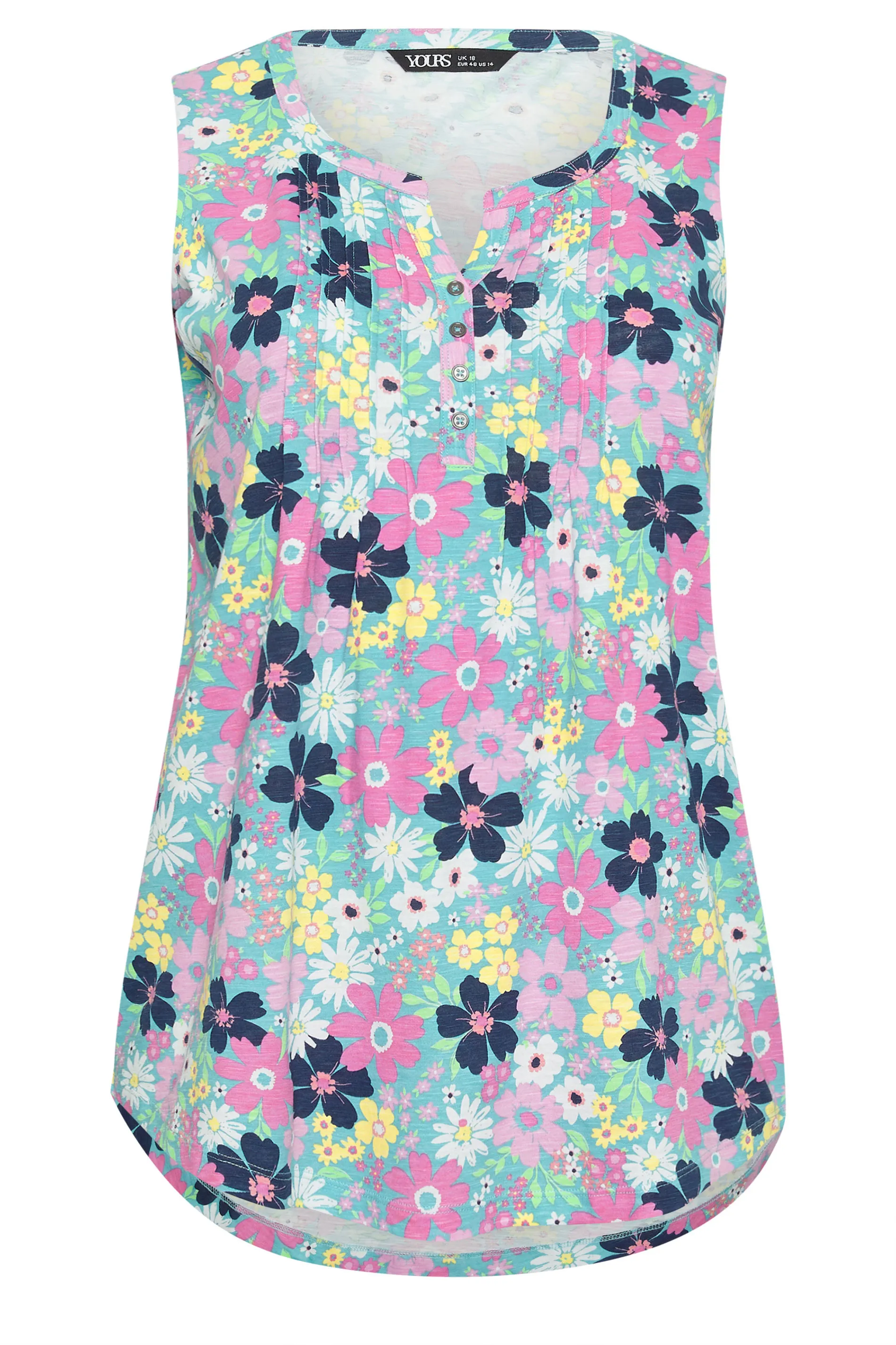 YOURS Curve Blue Floral Print Pintuck Henley Vest Top