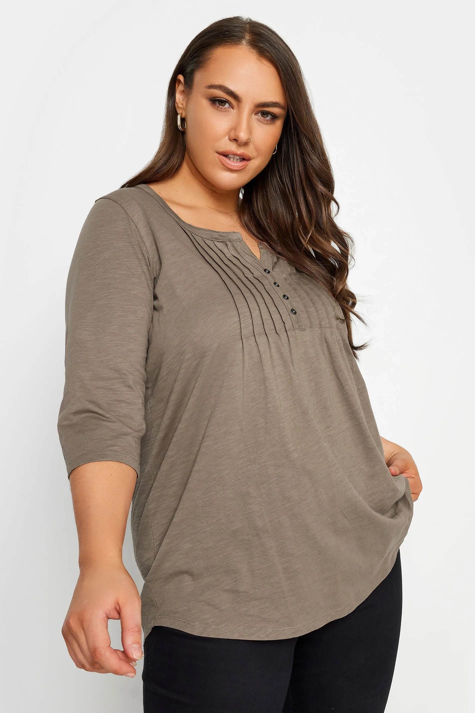 YOURS Curve Brown Pintuck Henley T-Shirt