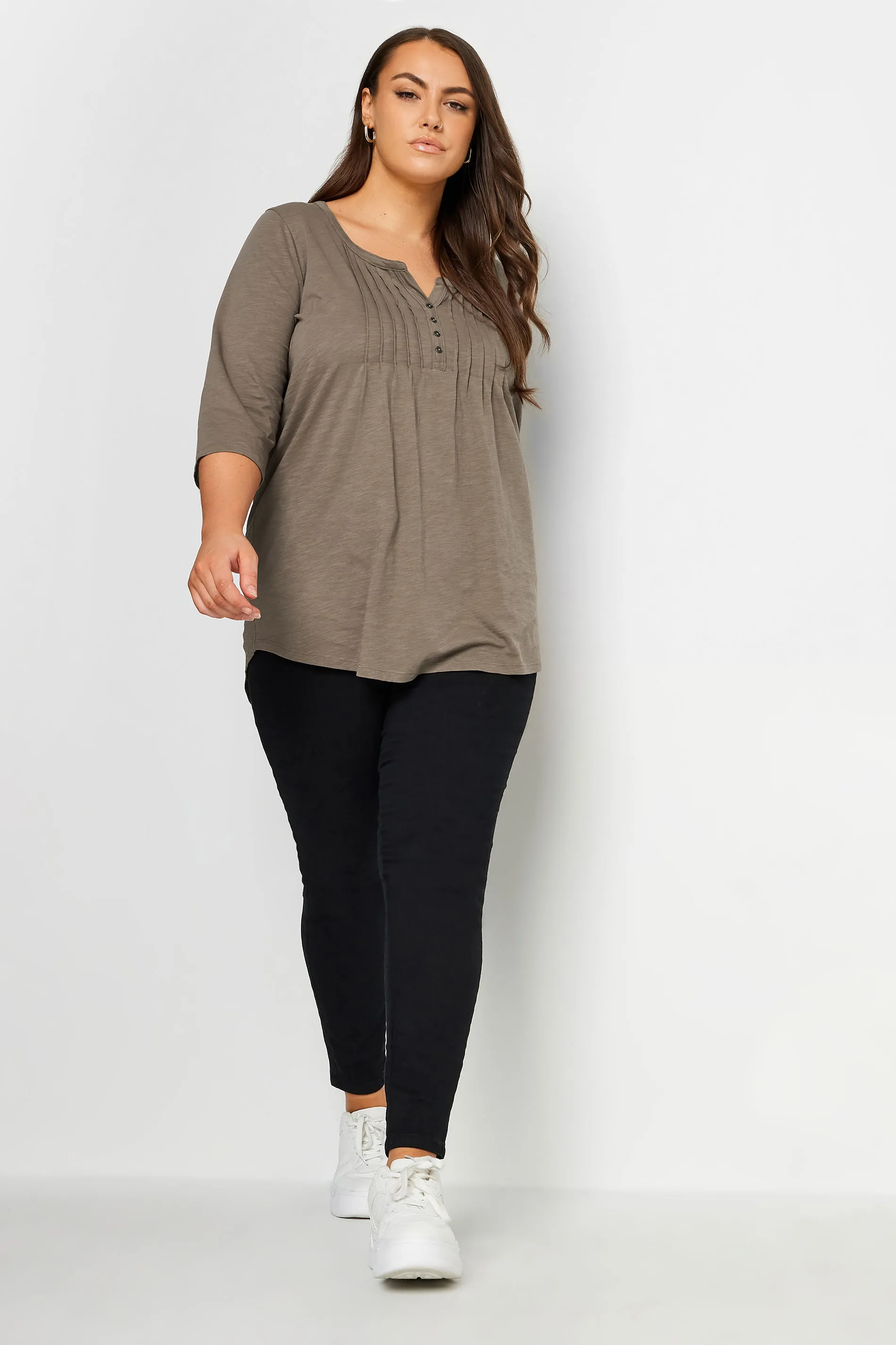 YOURS Curve Brown Pintuck Henley T-Shirt