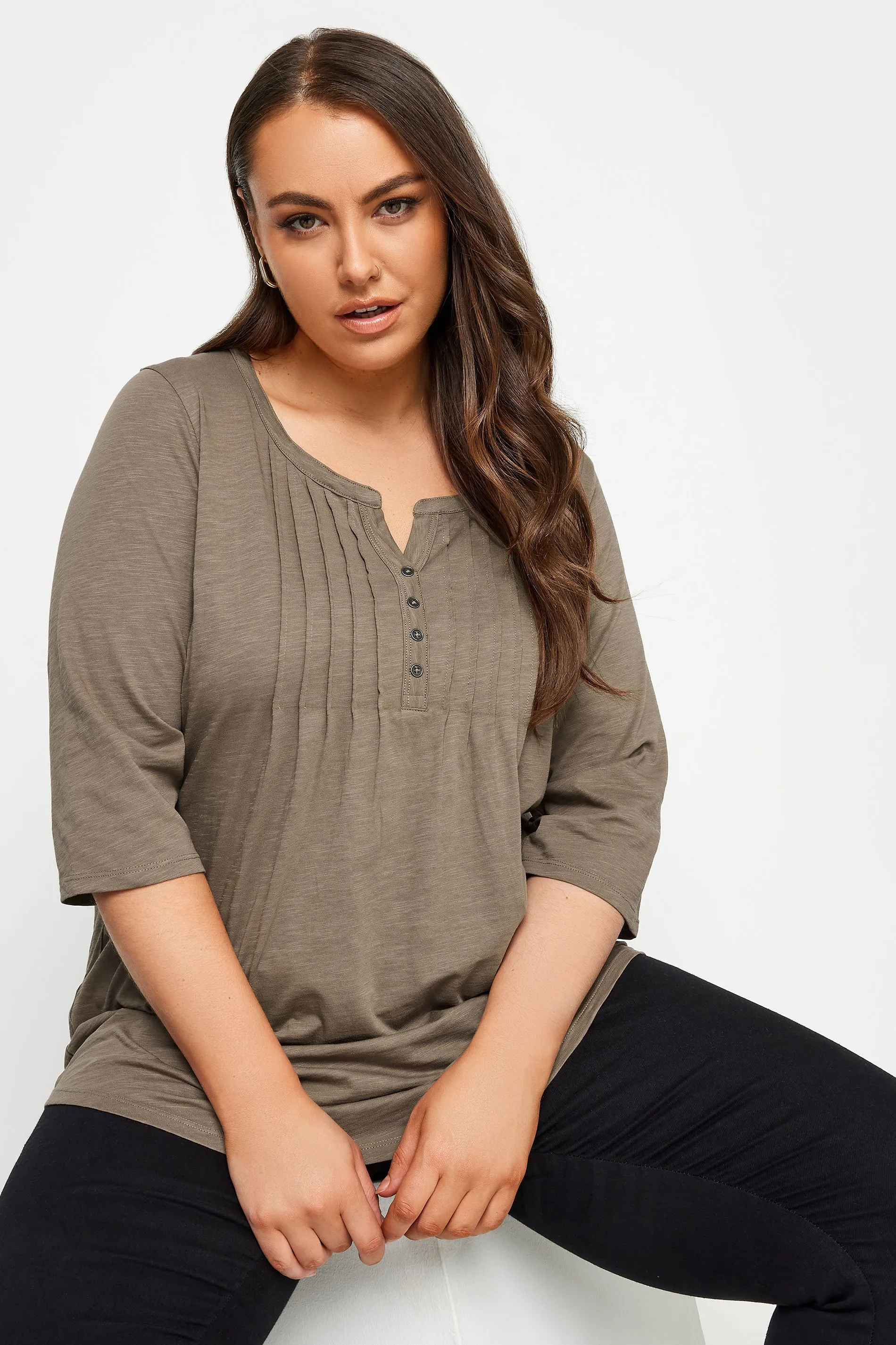 YOURS Curve Brown Pintuck Henley T-Shirt