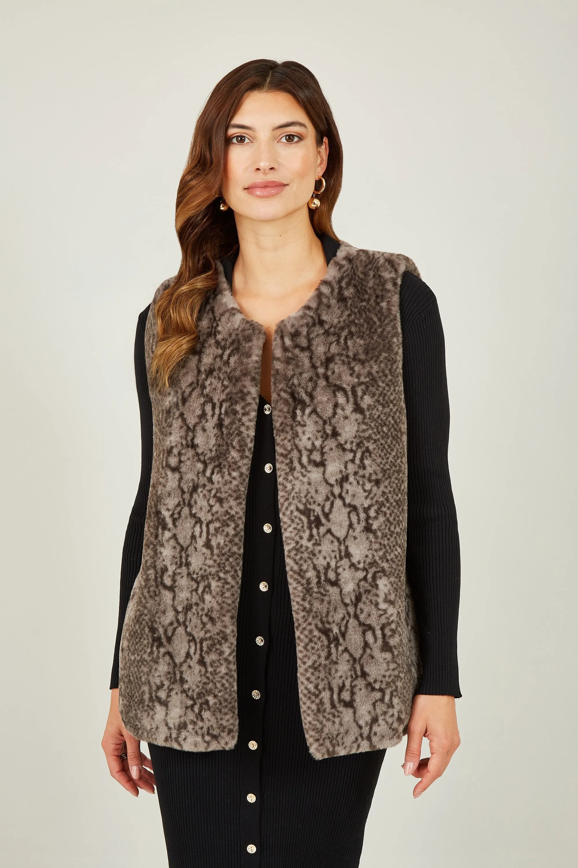 Yumi Grey Snake Print Faux Fur Gilet