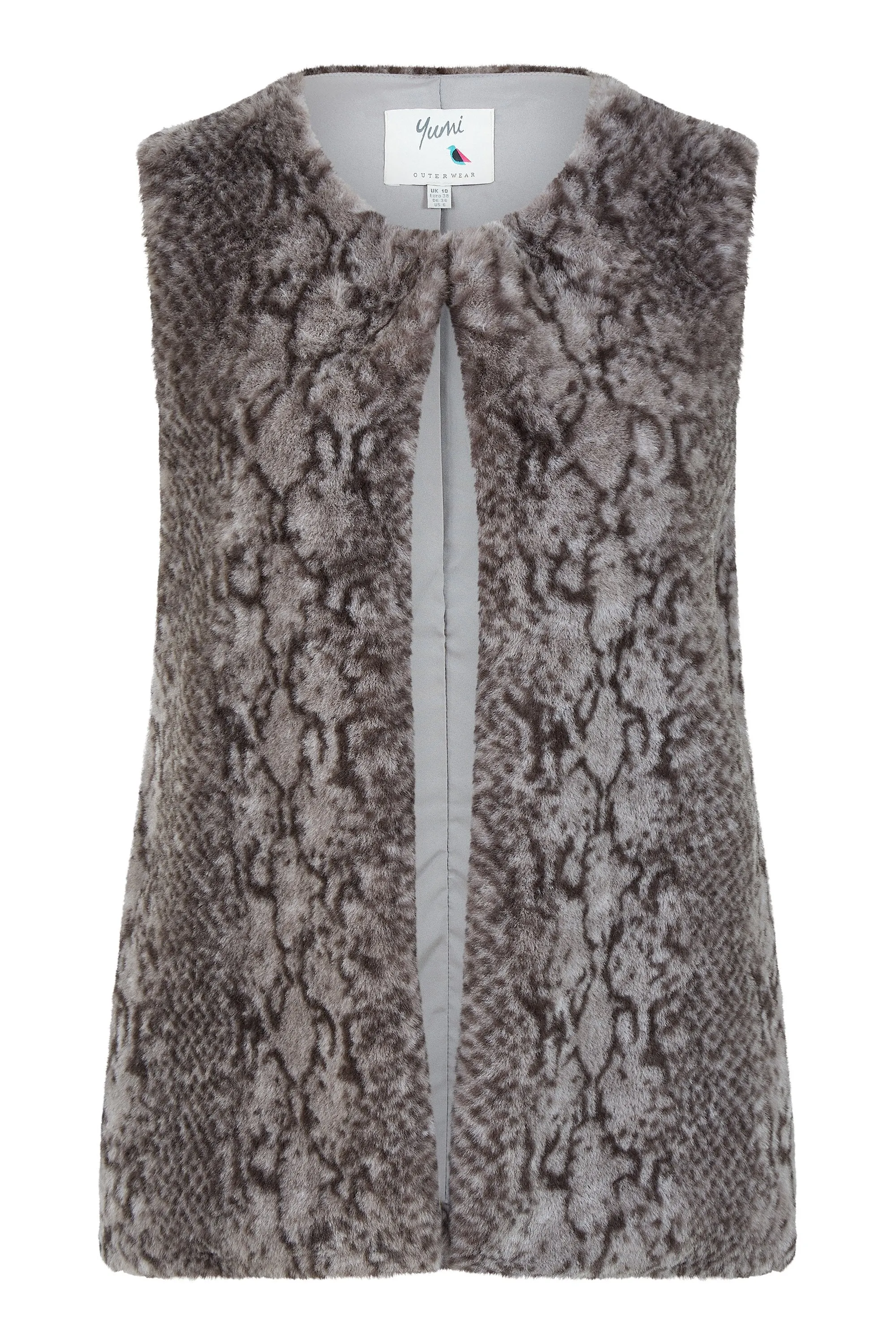 Yumi Grey Snake Print Faux Fur Gilet