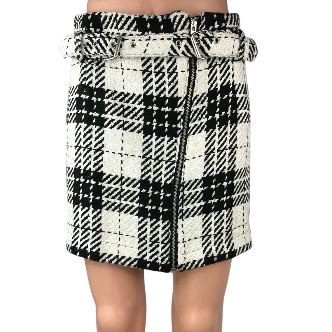 Zara Black White Tweed Plaid Checkered Zip Up Belted Mini Pencil Skirt Size M