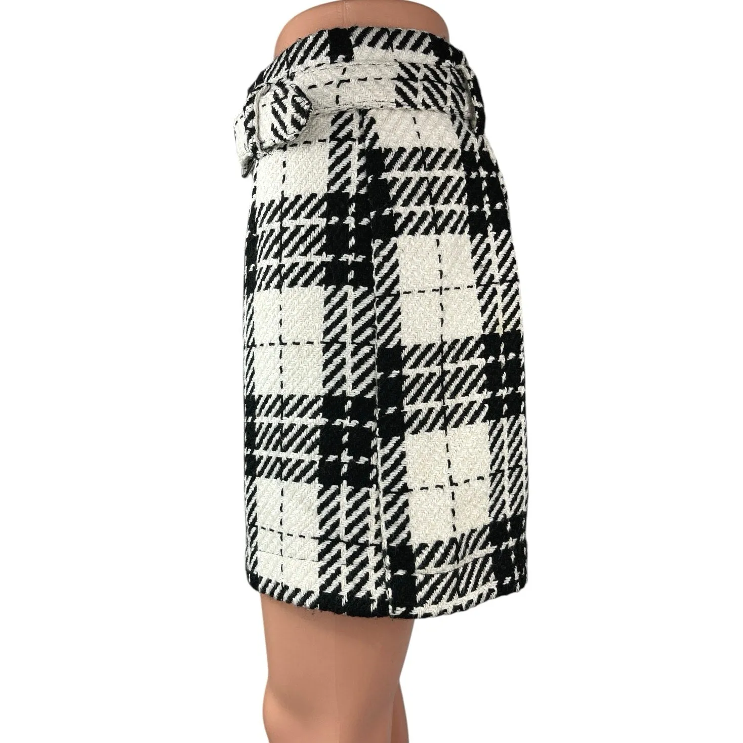 Zara Black White Tweed Plaid Checkered Zip Up Belted Mini Pencil Skirt Size M